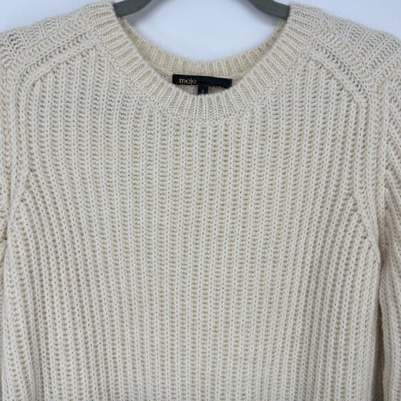Maje Color Block Striped Sweater S Alpaca Wool Chunky Ribbed Cream Blue - Picture 6 of 7